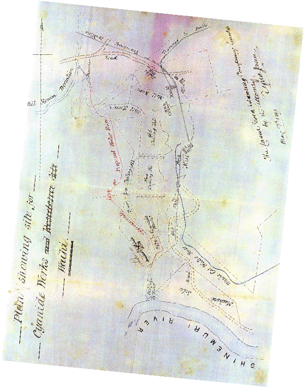 Map 1. May 1893 showing Mill Race and proposed Cassel Company water race and Mill Stream deviation with overlay (on mouse over).