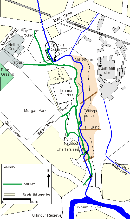 Map showing walkway, present stream alignment, Speak’s Quarry, old tailings ponds and the Waihi Battery site. Location of band rotunda and cycle/running oval are shown on mouse over.