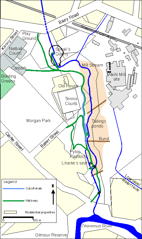Map showing walkway, present stream alignment, cut-off drain ditches, Speak’s Quarry, old tailings ponds and the Waihi Battery site. Alignment of cut-off drain is shown on mouse over.
