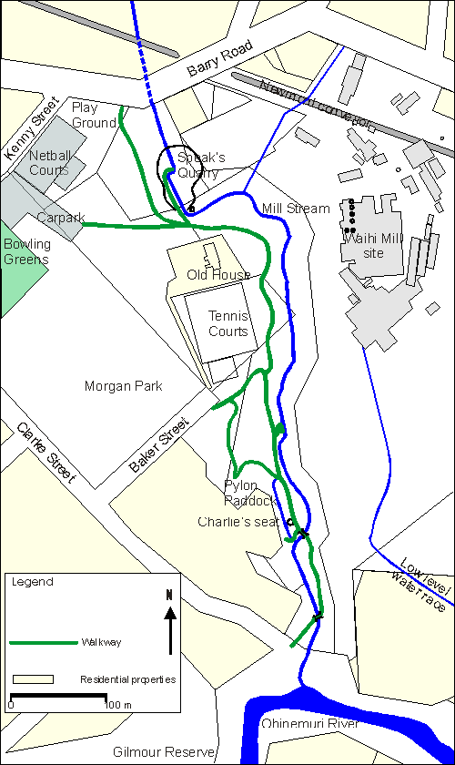 Map showing walkway, present stream alignment, Speak’s Quarry, and the Waihi Battery site. Old tailings ponds are shown on mouse over.
