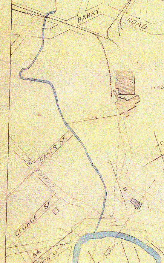 Map 4: Old Geological map showing Mill Stream as the diversion, water race, by-wash and cut-off drain with overlay (on mouse over).