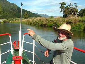 Brett on the bow – pointing out the view of Te Aroha mountain !